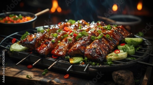Delicious grilled yakitori with vegetable toppings  blur background