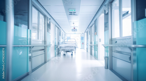 Blurred hospital corridor with hospital bed and emergency medical equipment.