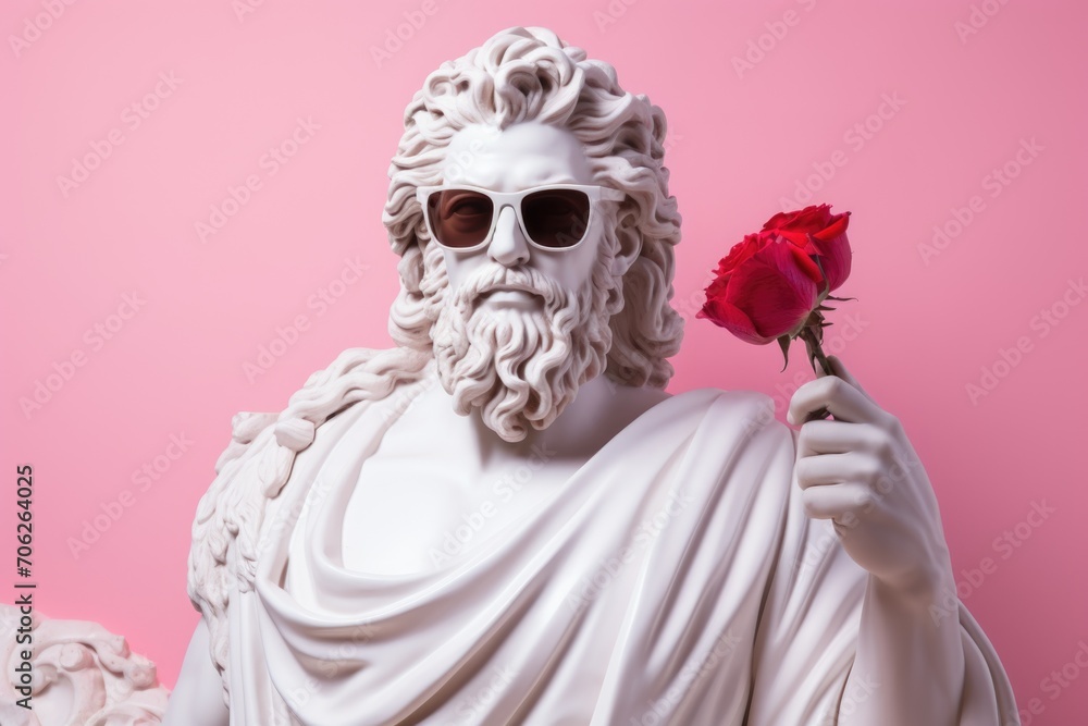 Statue of Zeus with a red rose on a pink background. - obrazy, fototapety, plakaty 