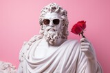 Statue of Zeus with a red rose on a pink background.