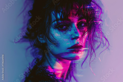 Psychological portrait of a sad beautiful girl in neon lighting in glitch style.