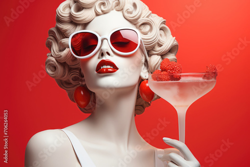Portrait of a beautiful woman in red sunglasses with a glass of martini. photo