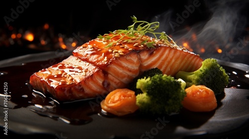 Serving in the restaurant, miso glazed salmon