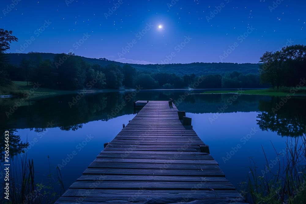 A night scene with a star-speckled sky over a calm lake, viewed from a wooden pier that leads into the tranquil waters reflecting the moonlight.
