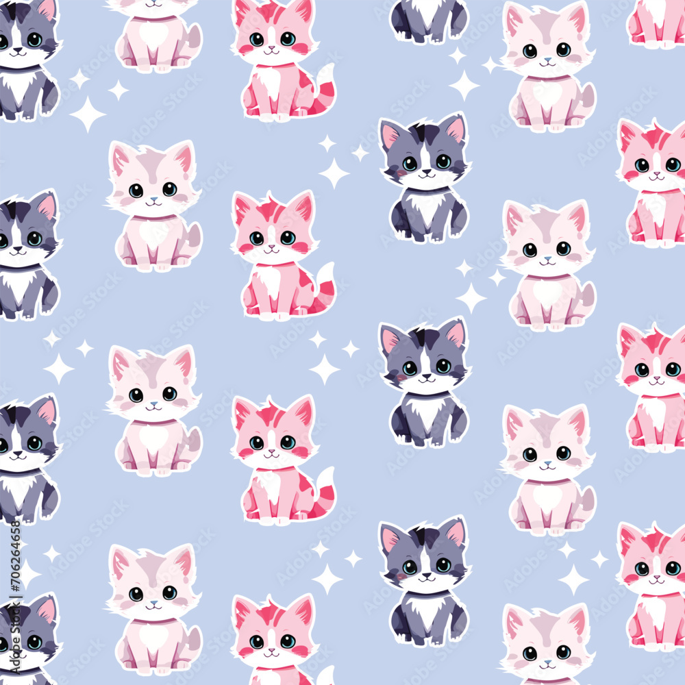 Seamless Pattern cute kittens in pink, green, adorable. children's decorations for printed fabric, clothes, curtains, trousers, books, paper.