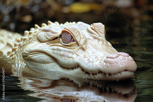 A close-up of a rare albino alligator lying in the water, its eye and scale patterns reflecting in the calm surface.
