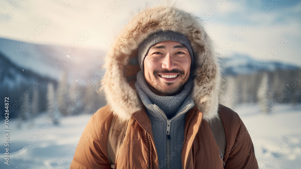 portrait of a happy asian man in the mountains in winter portrait of a happy asian man in the mountains in winter