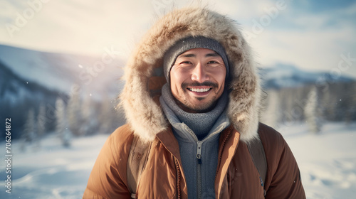 portrait of a happy asian man in the mountains in winter