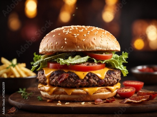 Bacon cheeseburger with fries in cinematic  studio lighting and background  food photography 