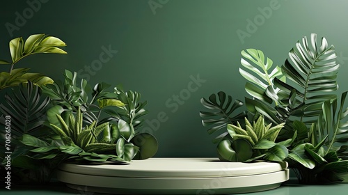 podium product stand or display with leaf, green background and cinematic light