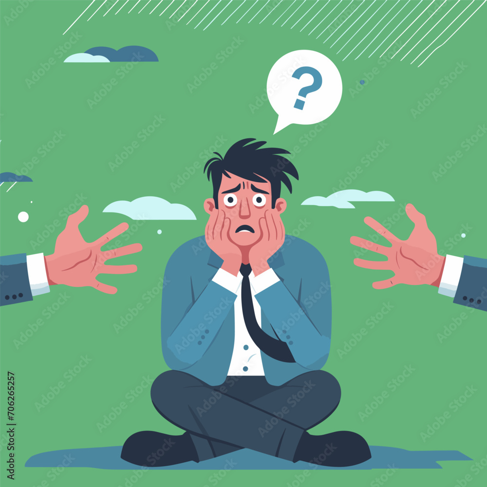 Flat cartoon illustration of unhappy, surprised, shocked, puzzled, making difficult choice young man spreading his arms. Concept of confusion, uncertainty, deadline, I don't know, insecurity. Flat cartoon illustration of unhappy, surprised, shocked, puzzled, making difficult choice young man spreading his arms. Concept of confusion, uncertainty, deadline, I don't know, insecurity.