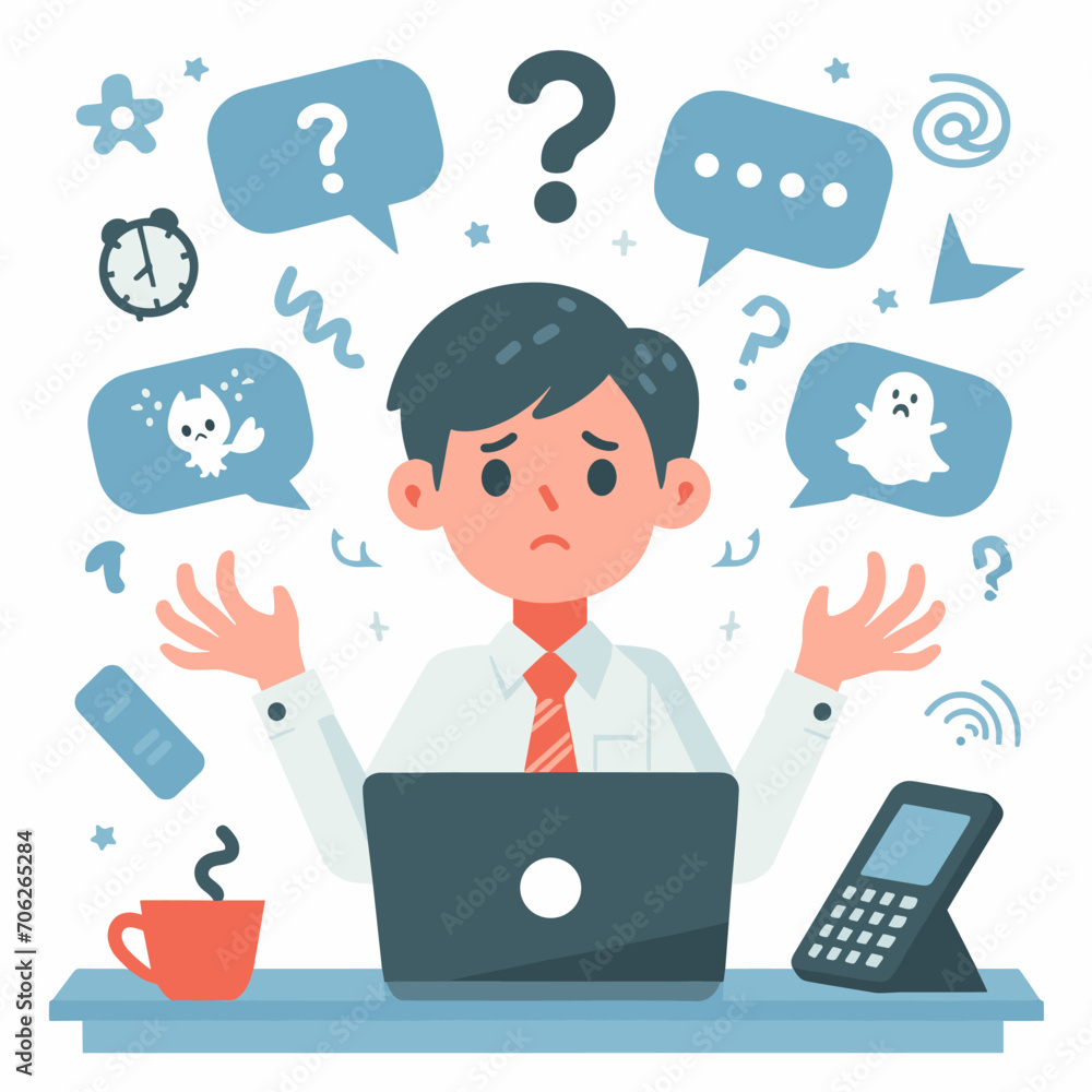 Flat cartoon illustration of unhappy, surprised, shocked, puzzled, making difficult choice young man spreading his arms. Concept of confusion, uncertainty, deadline, I don't know, insecurity. Flat cartoon illustration of unhappy, surprised, shocked, puzzled, making difficult choice young man spreading his arms. Concept of confusion, uncertainty, deadline, I don't know, insecurity.