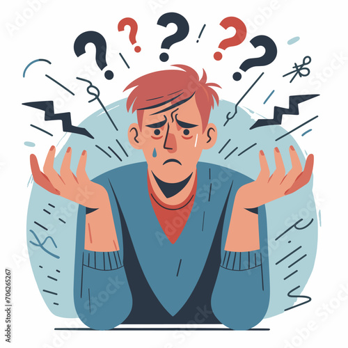 Flat cartoon illustration of unhappy, surprised, shocked, puzzled, making difficult choice young man spreading his arms. Concept of confusion, uncertainty, deadline, I don't know, insecurity.