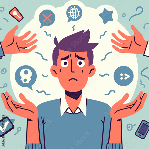 Flat cartoon illustration of unhappy, surprised, shocked, puzzled, making difficult choice young man spreading his arms. Concept of confusion, uncertainty, deadline, I don't know, insecurity.