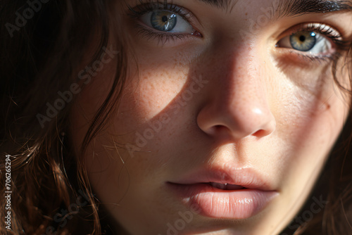 Woman's face without makeup with shadows cast by sunlight