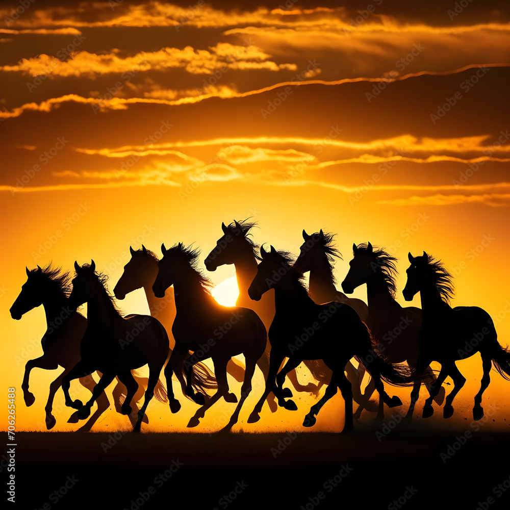 A Majestic Silhouette with Nine Horses at Sunset A Majestic Silhouette with Nine Horses at Sunset