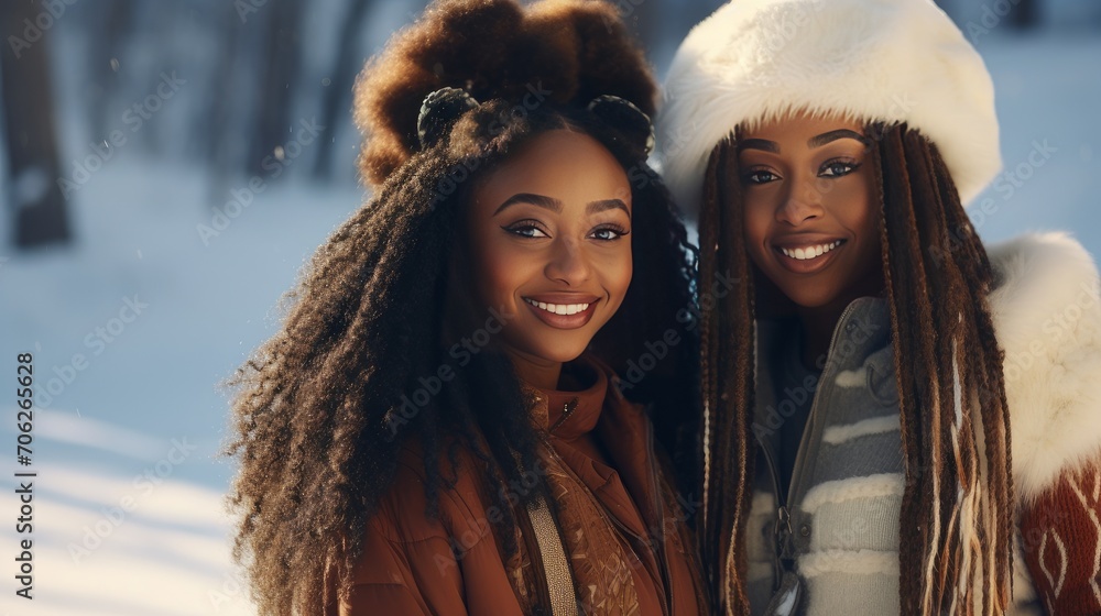 Portrait of two young, beautiful, smiling and happy African-American girls against the backdrop of a winter snowy landscape. Portrait of two young, beautiful, smiling and happy African-American girls against the backdrop of a winter snowy landscape.