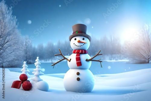 Panoramic view of happy snowman in winter scenery with copy space © Muhammad