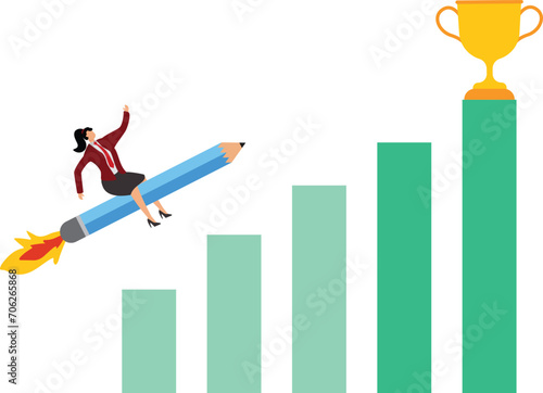 Success Businesswoman, Flying,Pencil,Vector,Abstract,Achievement,