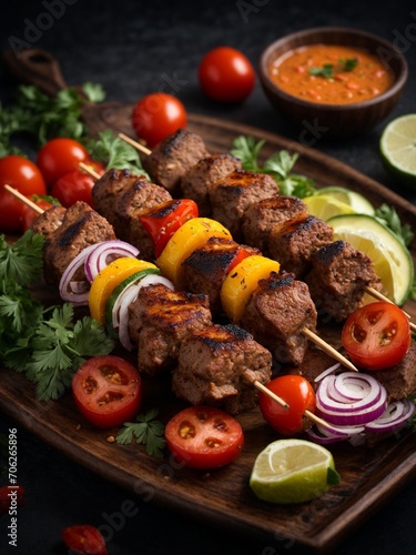Shish kebab famous food in cinematic view, studio lighting and background, food photography 