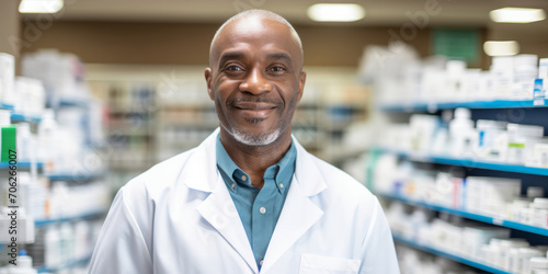 Portrait, mature male and pharmacist in store for healthcare, medicine and medical service. Confident, smile or friendly senior man in a pharmacy for medication, health or professional occupation photo