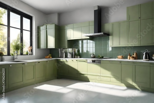 Modern kitchen with luxurious sage green counter  induction cooktop  cupboards  white tile splashback  marble floor in sunlight