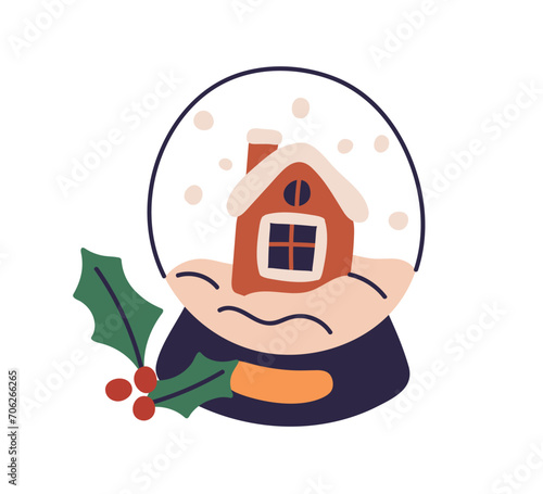 Glass snow globe, crystal ball with cute cozy house inside. Christmas bubble ...