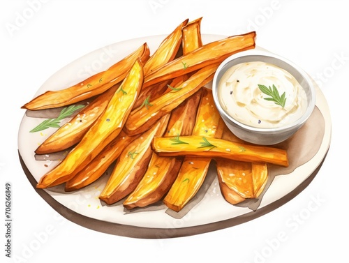 Delicious Baked Sweet Potato Wedges with Yogurt Dip on White Background AI Generated