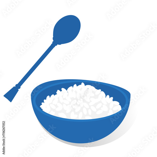 Rice bowl and spoon on white background vector illustration.