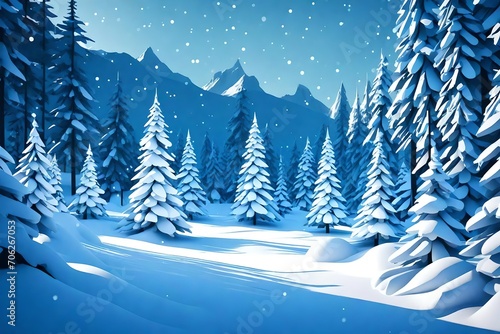 Merry Christmas, Snow forest. pines in winter and mountain Paper vector Illustration © Muhammad