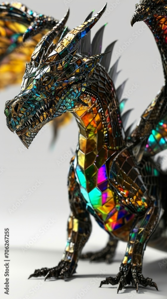 Close up of dragon statue made of glass on a white background.
