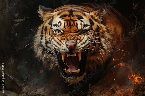 Close-up view of a tiger with an evil grin and jungle, explosive wildlife photo
