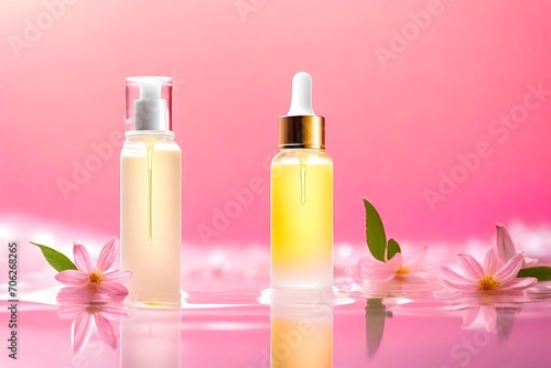 Moisturizing serum for the skin stands in the water on a pink-yellow background
