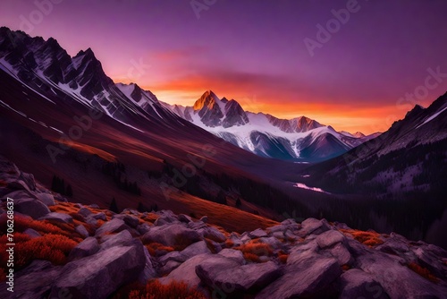 rugged mountain range at twilight, with the sky ablaze in shades of purple and orange