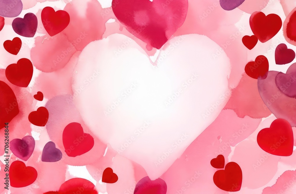 Watercolor red hearts on white background, love, background for february 14, valentine's day