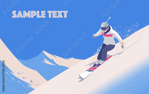 A skier slides down on the slopes of mountains. Vector illustration