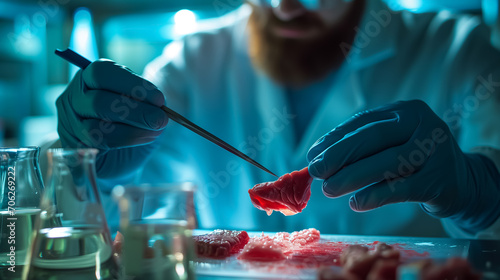 Scientist Studies the Artificial Cultivation of Beef from a Test Tube in a Laboratory. Organic Meat Concept in Vitro. Vegan Food. photo