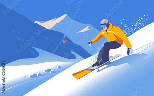 A skier rushes down the mountainside against the backdrop of an alpine village. Vector illustration (ID: 706269278)