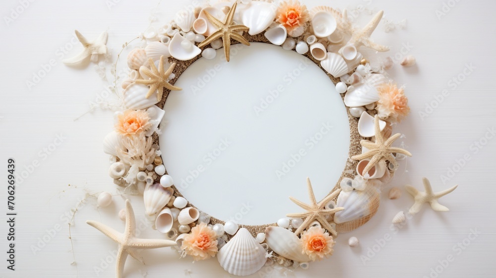 a sand-made decorative mirror frame, embellished with seashells and pearls, reflecting the coastal beauty and bringing a beachy vibe to home decor.