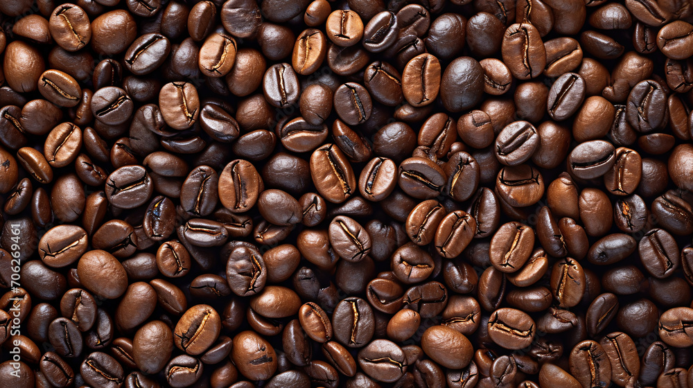 Obraz premium roasted fresh brown coffee beans background, top view, International Coffee Day