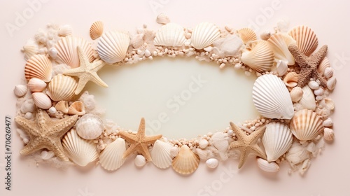 a sand-made decorative mirror frame, embellished with seashells and pearls, reflecting the coastal beauty and bringing a beachy vibe to home decor.
