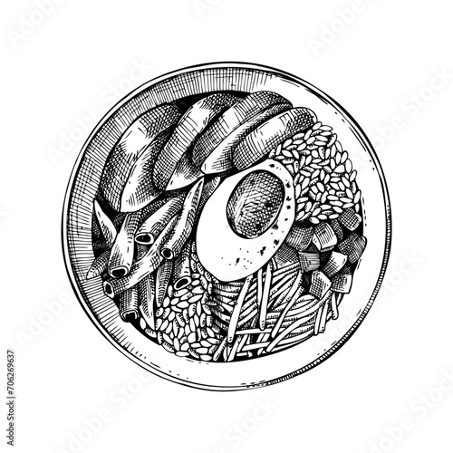 Poke bowl sketch. Paper container top view. Vintage fast food drawing. Food delivery design element. Take away box package