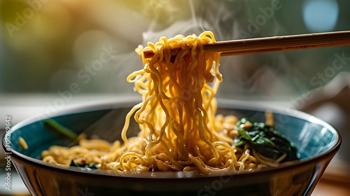 A bowl of noodles with chopsticks on the side photo