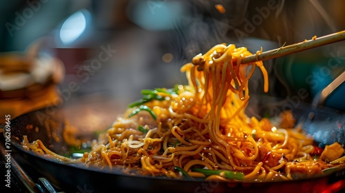 A bowl of noodles with chopsticks on the side