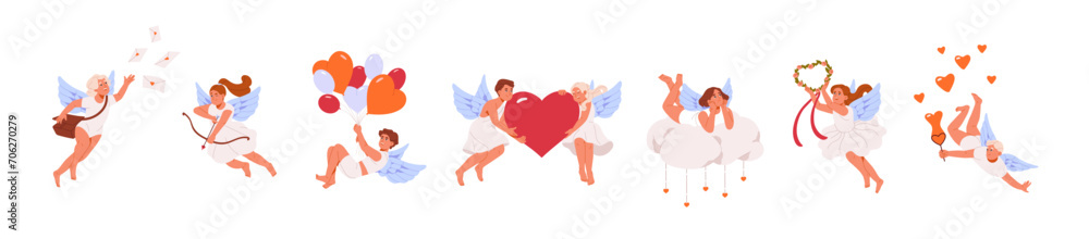 Cute cupids flying in air set. St. Valentines Day concept. Baby angel aiming, shots with arrows. Amor kids with wings hold a heart, romantic symbol of love. Flat isolated vector illustration on white - obrazy, fototapety, plakaty 