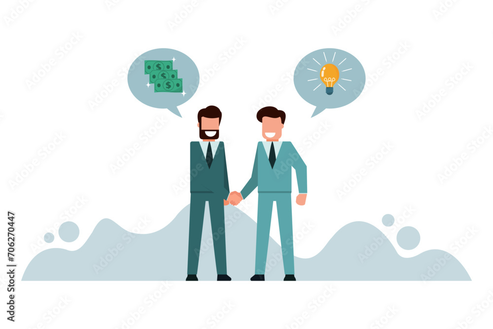 Obraz premium Business partners join hands to reach success. Businessman handshake. Contact between business partners. Discussing trade agreements. Business Concept. Vector illustration flat design style