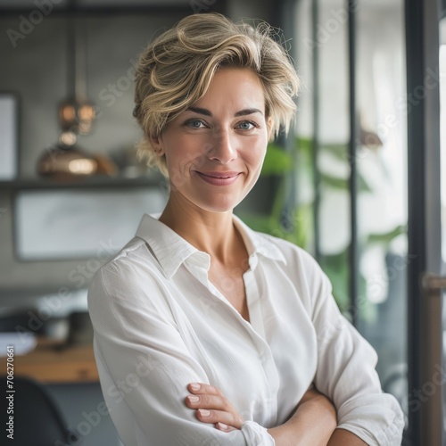Half-length portrait of a beautiful young Caucasian woman with her arms folded on her chest standing by the window in a modern startup office. Successful female professional working on a new project.
