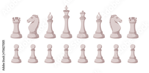Chessmen set. Different chess figures: pawn, knight, bishop, king, queen. Tactic intelligence game. Sport on chessboard, strategic boardgame. Flat isolated vector illustration on white background