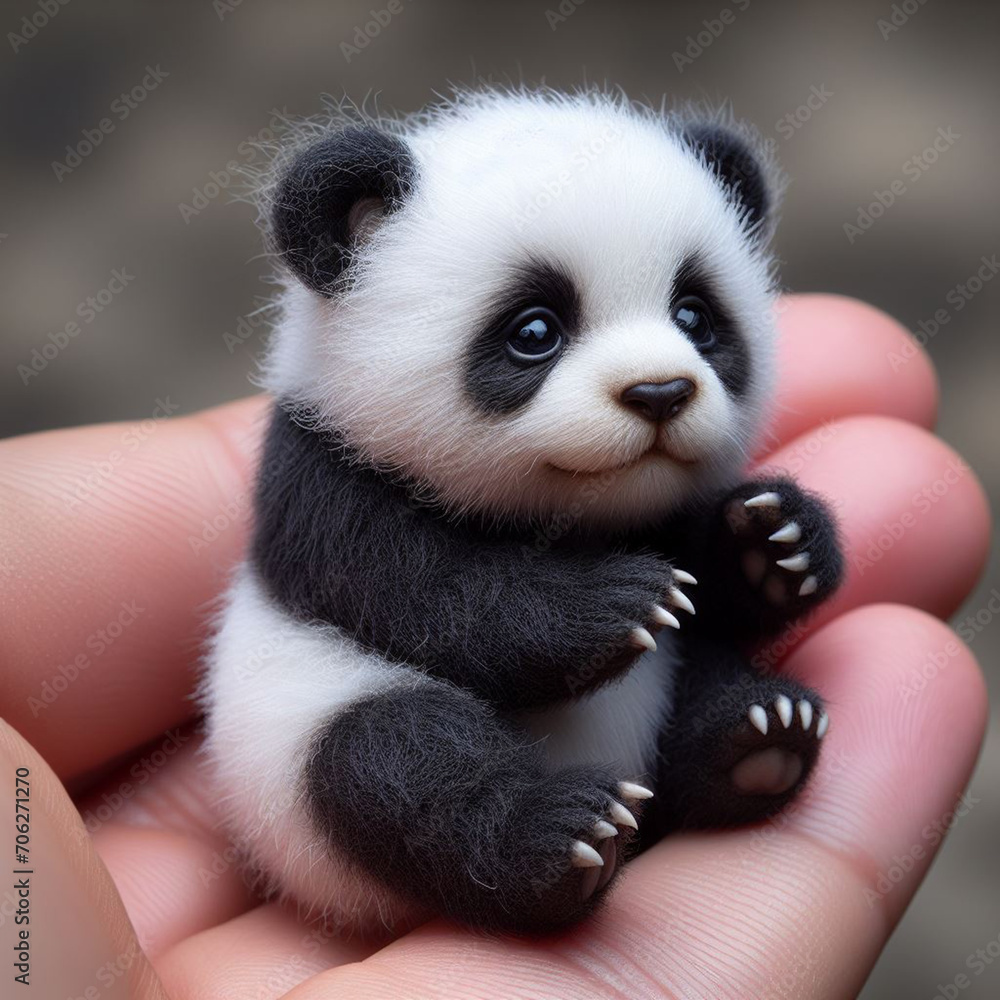 A panda bear cub held in the hand by people. Nature protection concept. A panda bear cub held in the hand by people. Nature protection concept.
