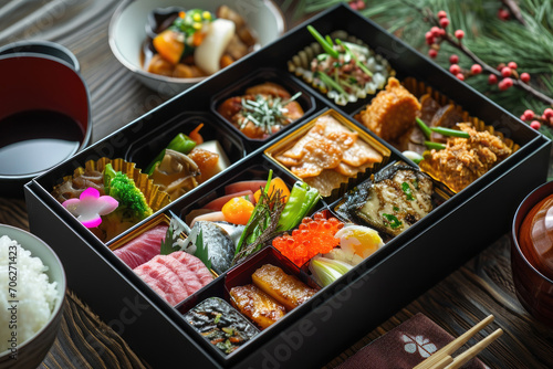 A meticulously arranged bento box filled with a variety of local Japanese delicacies © Veniamin Kraskov